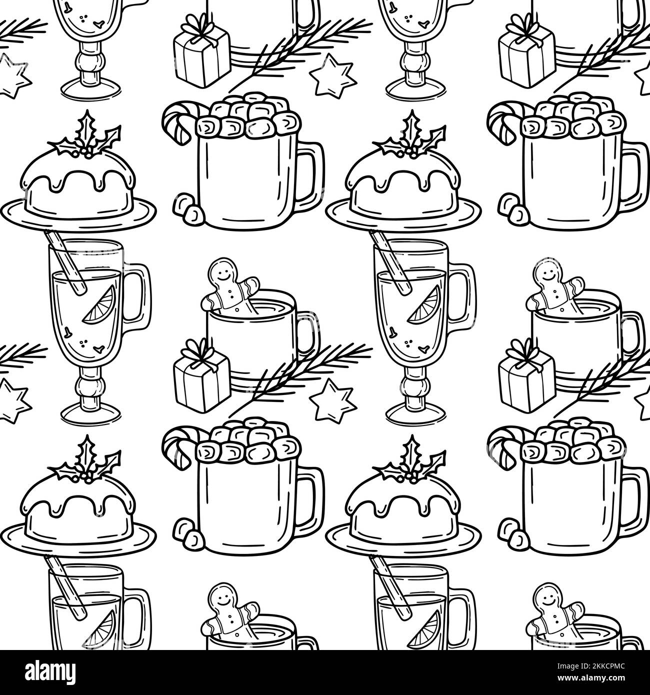 Seamless pattern with cocoa with gingerbread with glass of mulled wine Illustration in doodle Stock Vector