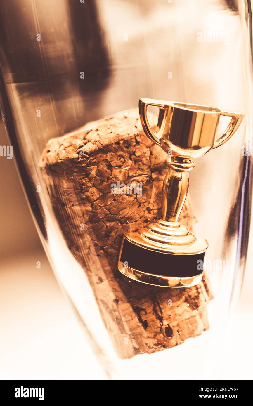 Cork and gold trophy floating in a flute of champagne, resembling