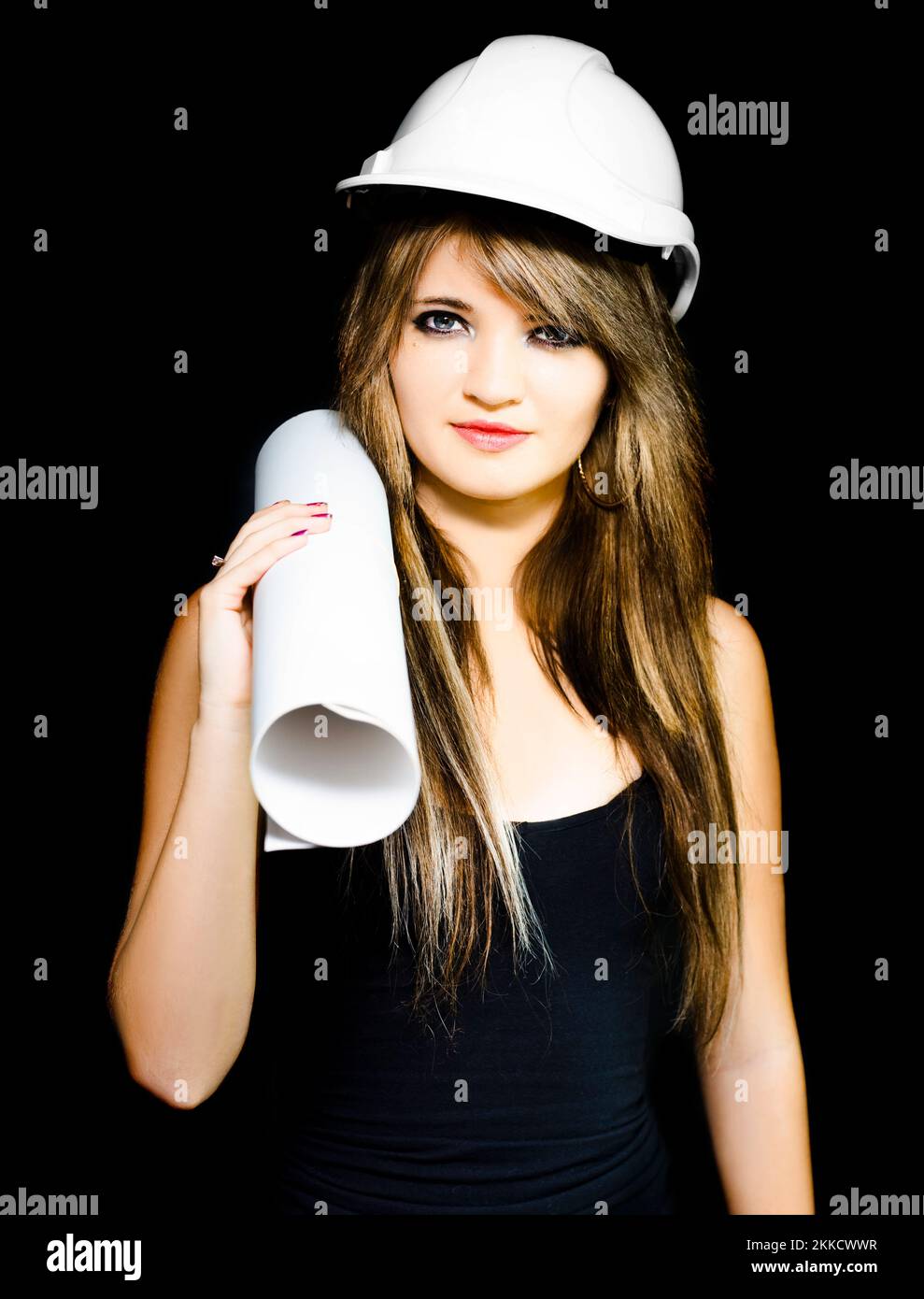 Isolated studio photo of a pretty and young female structural engineer