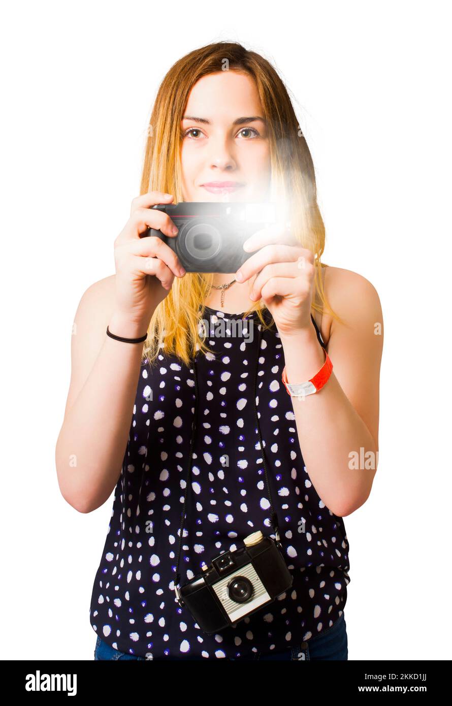 Isolated portrait of a female photo enthusiast capturing moments with