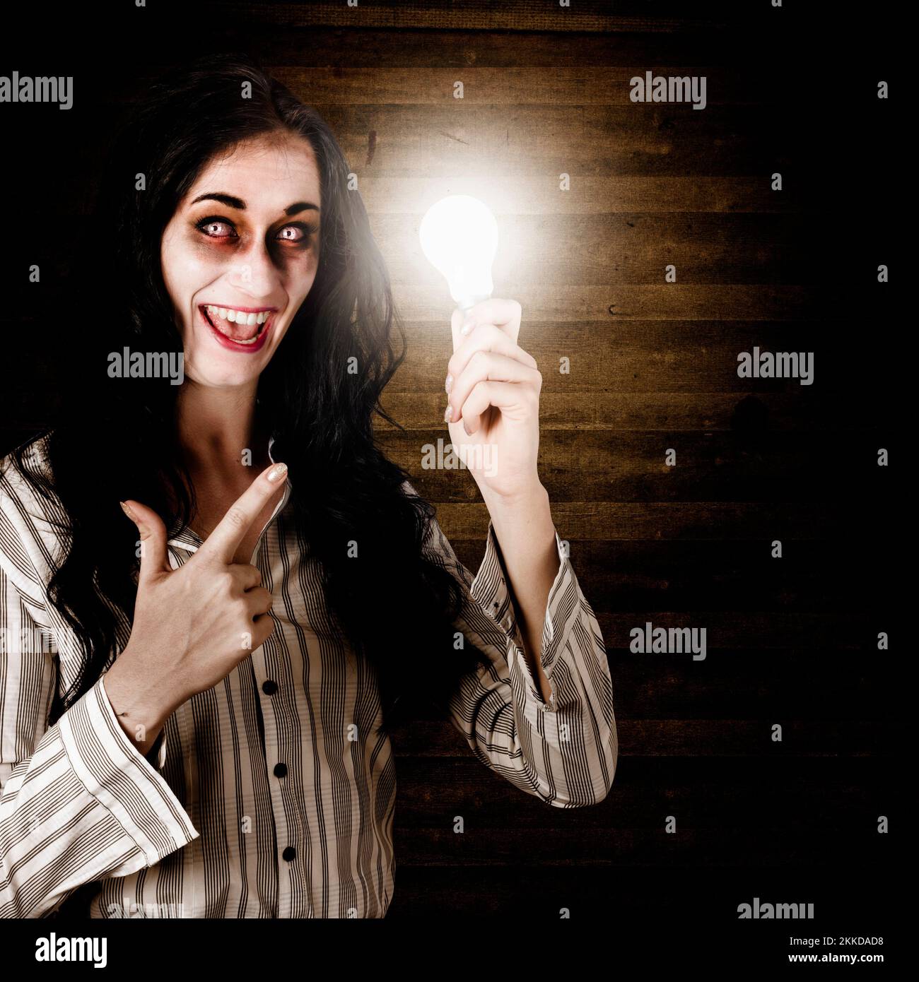 Zombie business person standing in a dimly lit attic holding an