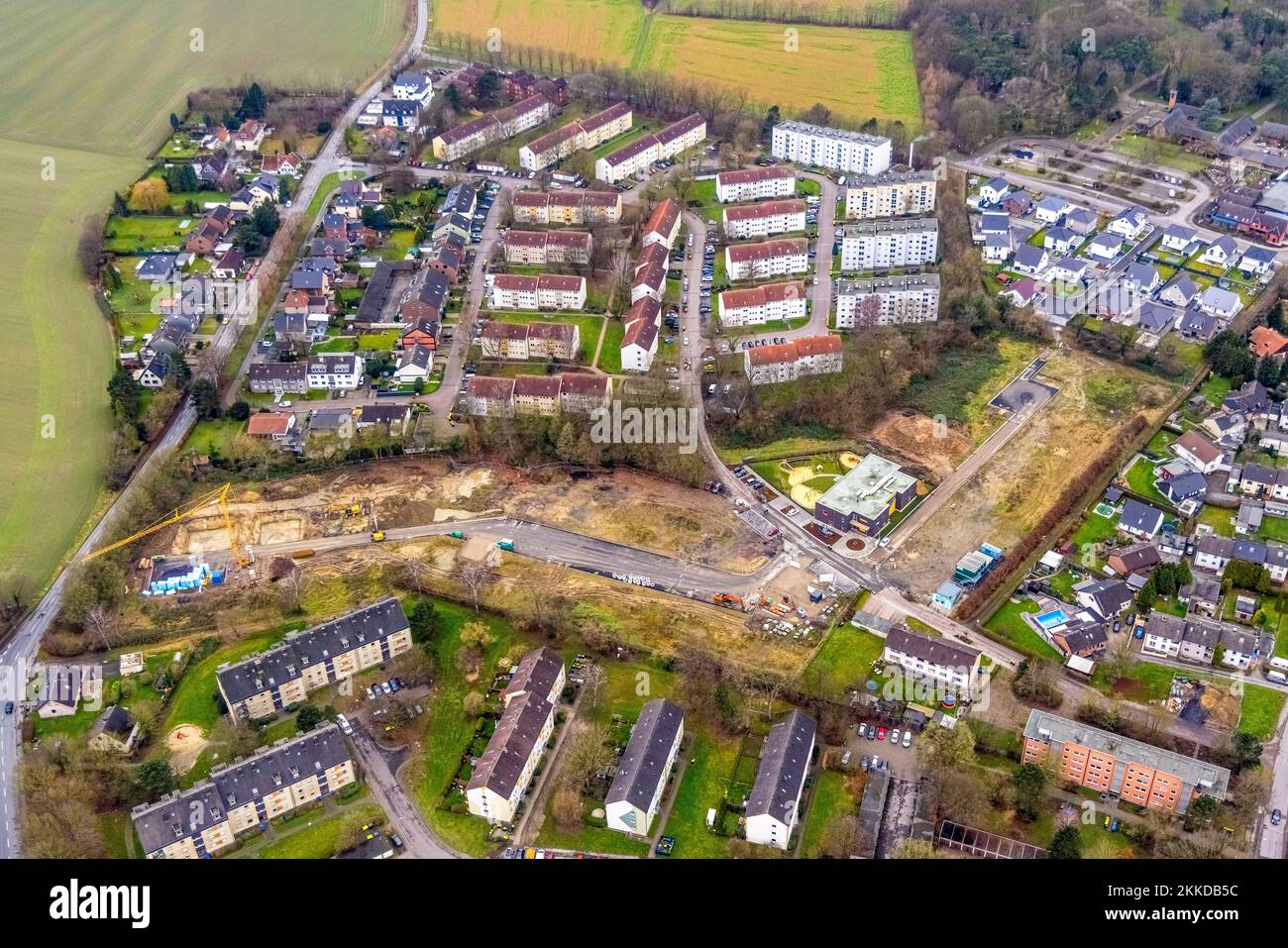 Aerial view, construction site AWO kindergarten and new housing estate