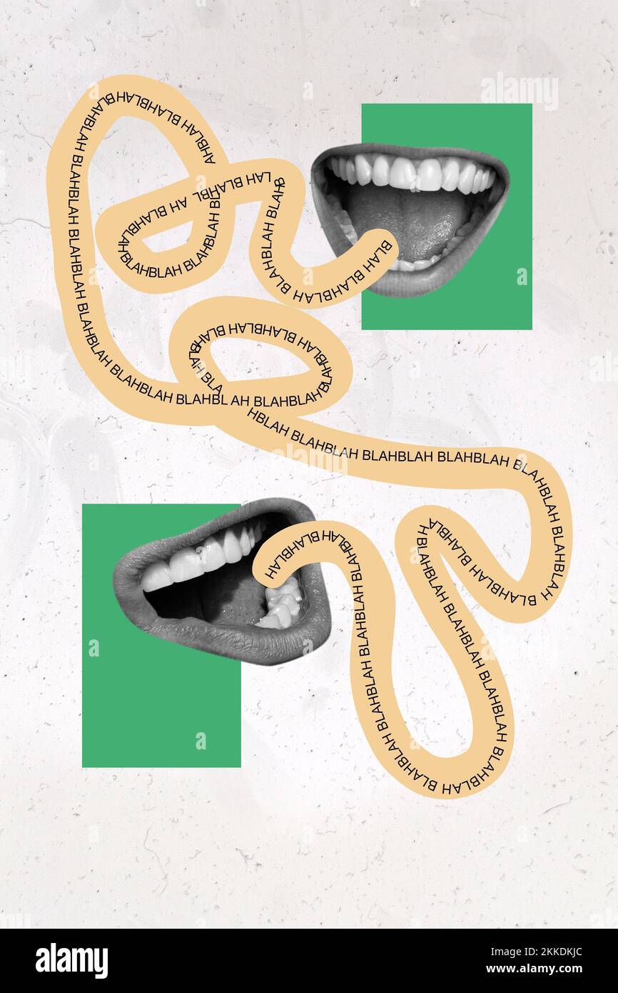 Vertical collage picture of two human speaking mouth black white gamma ...