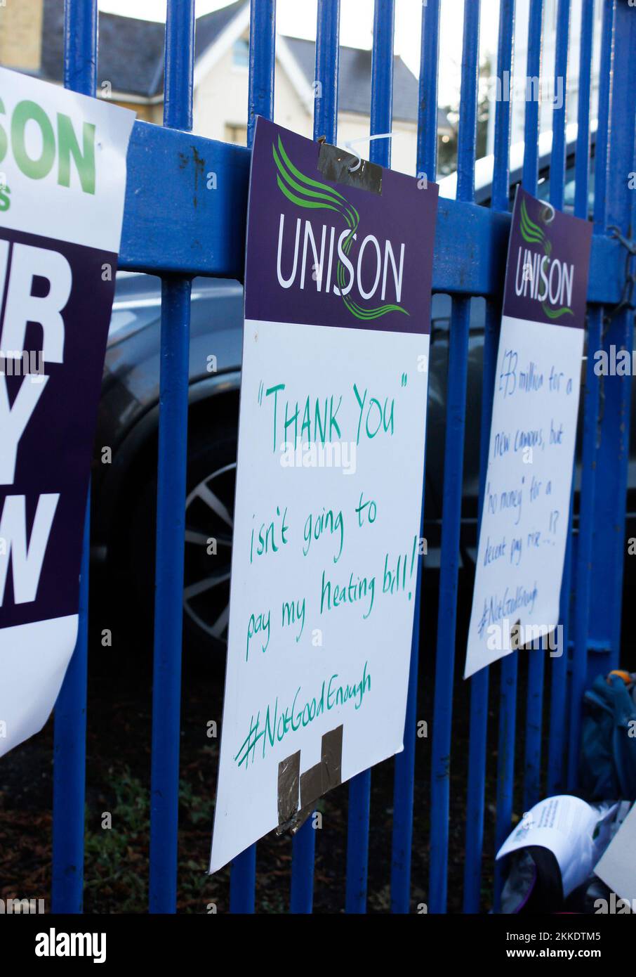 Cheltenham, UK. 25th Nov, 2022. Protest signs from the unison group on the front gates of park university campus in Cheltenham on 25th november 2022 Credit: Pathos Images/Alamy Live News Stock Photo