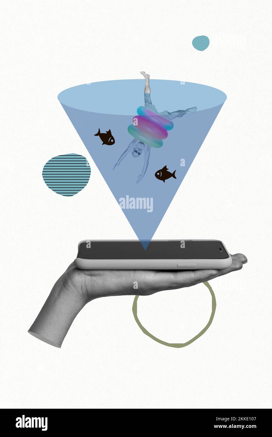 Vertical banner collage of hand hold telephone with swimming pool black