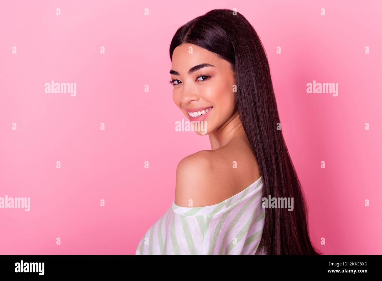 Portrait of positive pretty nice lady toothy smiling enjoy long length ...