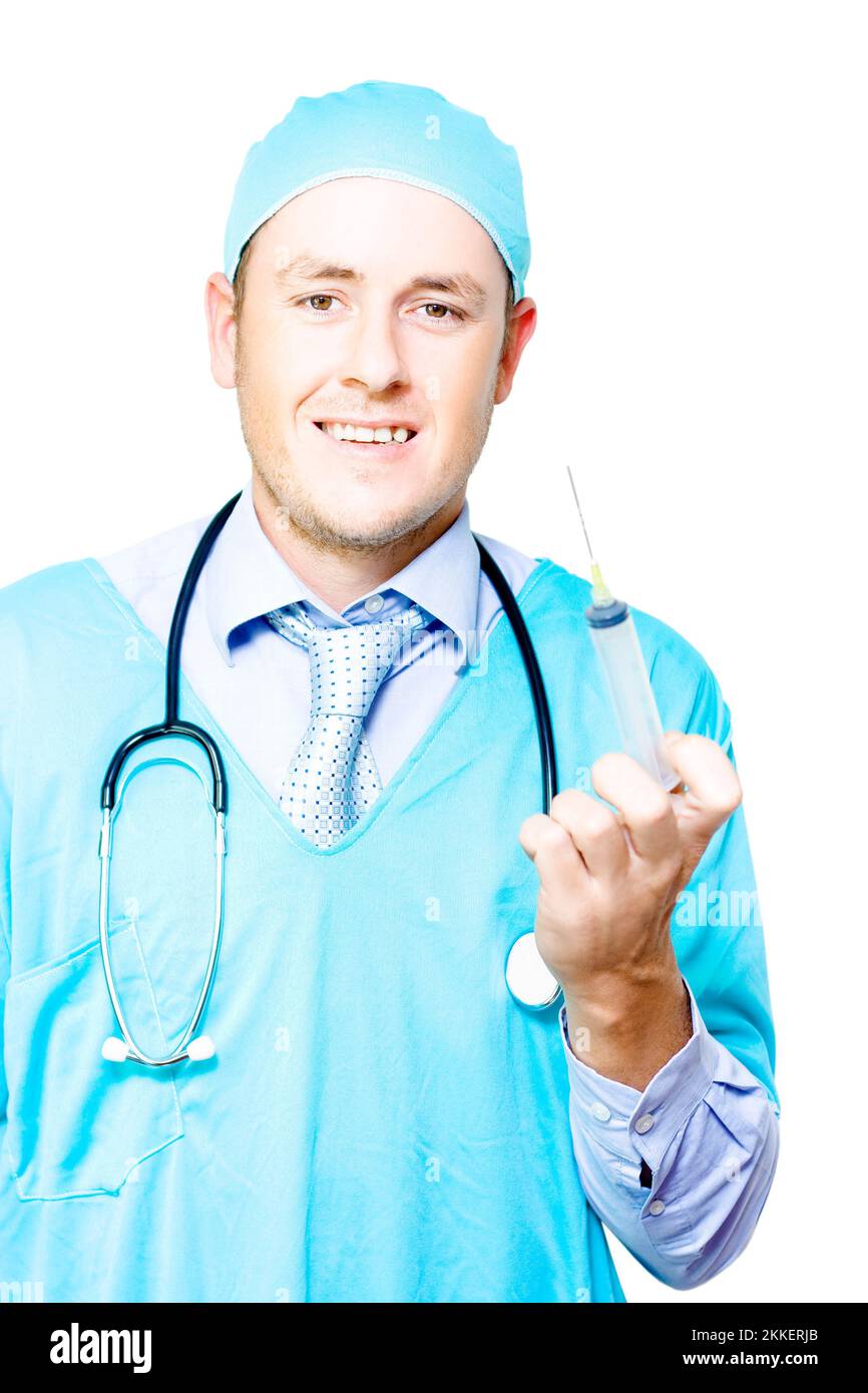 Medical doctor with needle and syringe and a broad smile ready to