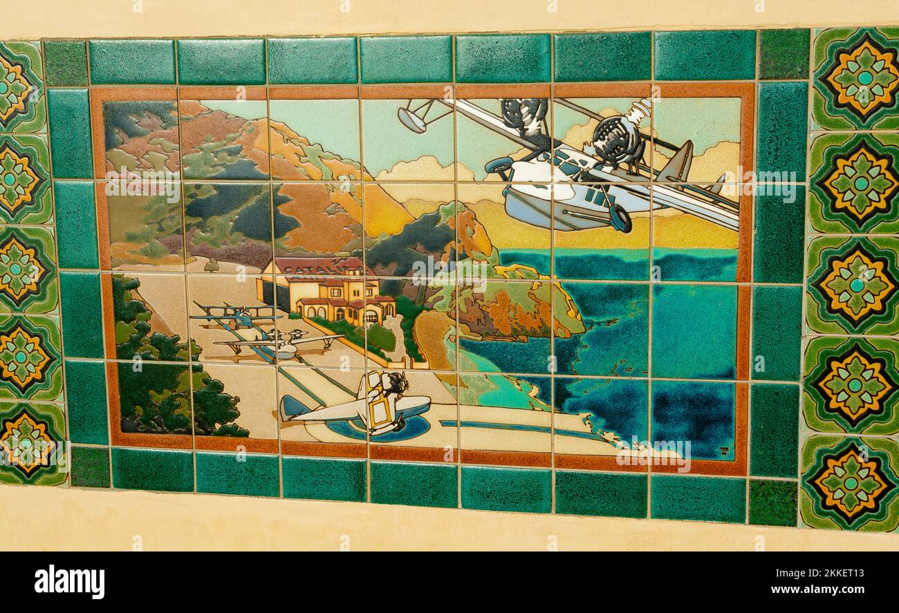 California, Catalina Island, Avalon, Via Casino, ceramic tiles depicting an historic scene Stock Photo