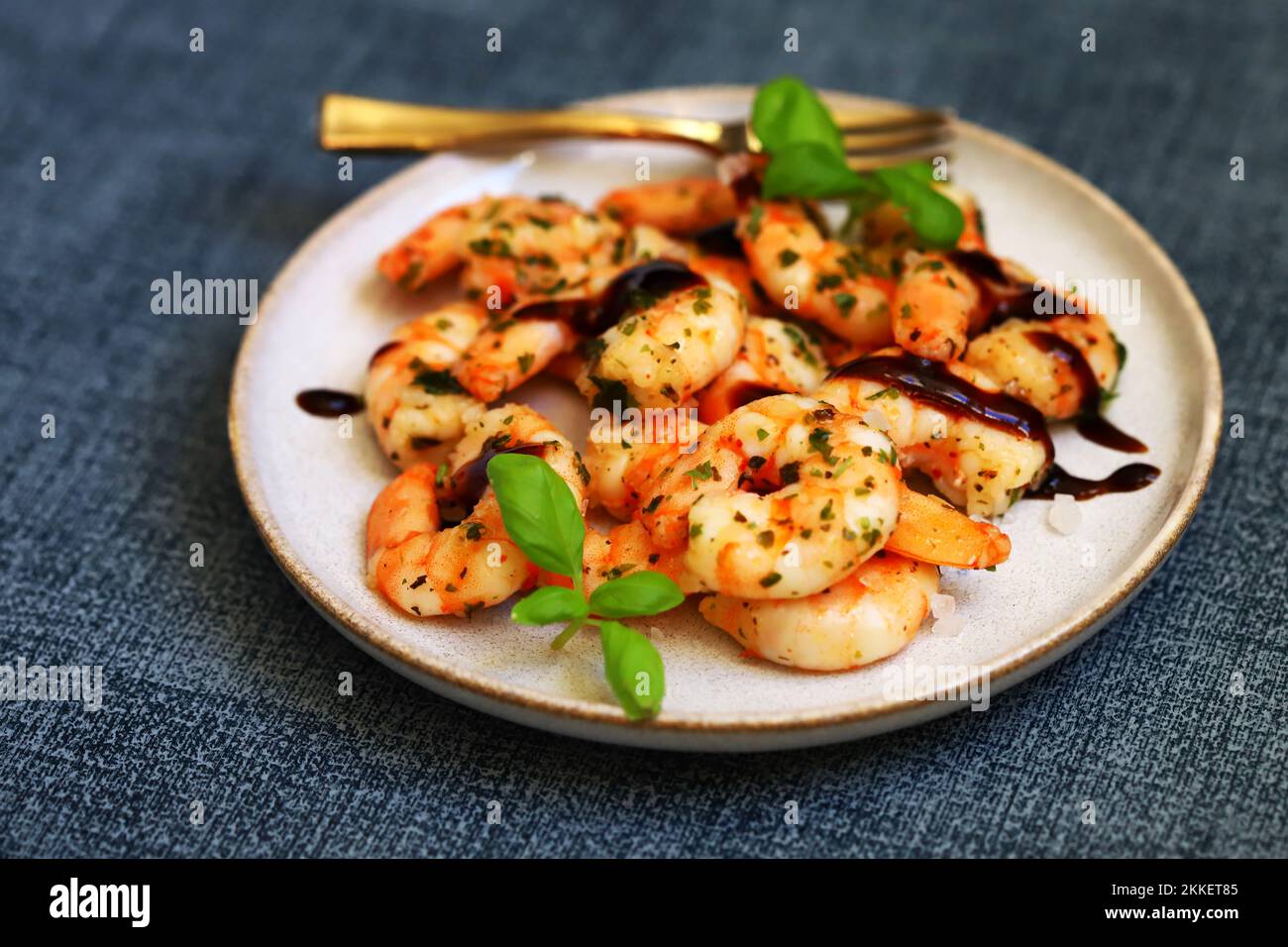 Asian style cooked shrimp with hot spices on a plate. Stock Photo