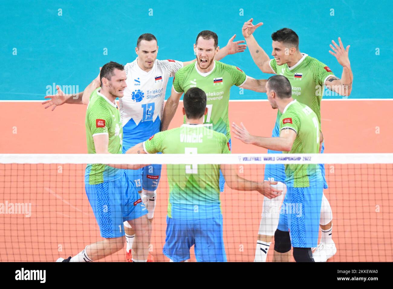 Slovenia national volleyball team celebrates the win against Ukraine