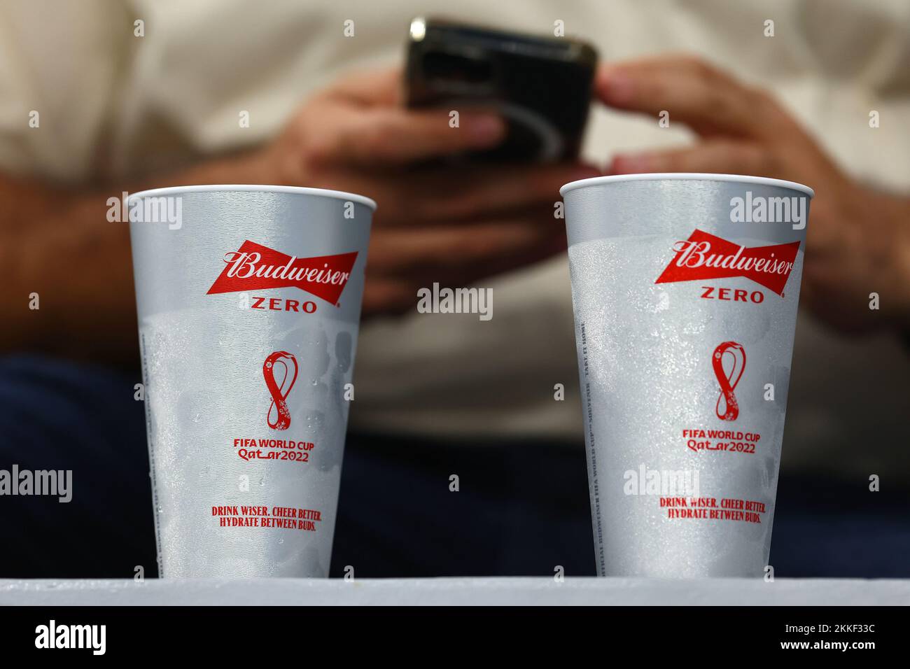 Doha, Qatar. 25th Nov, 2022. Nonalcoholic Budweiser Zero beer is seen