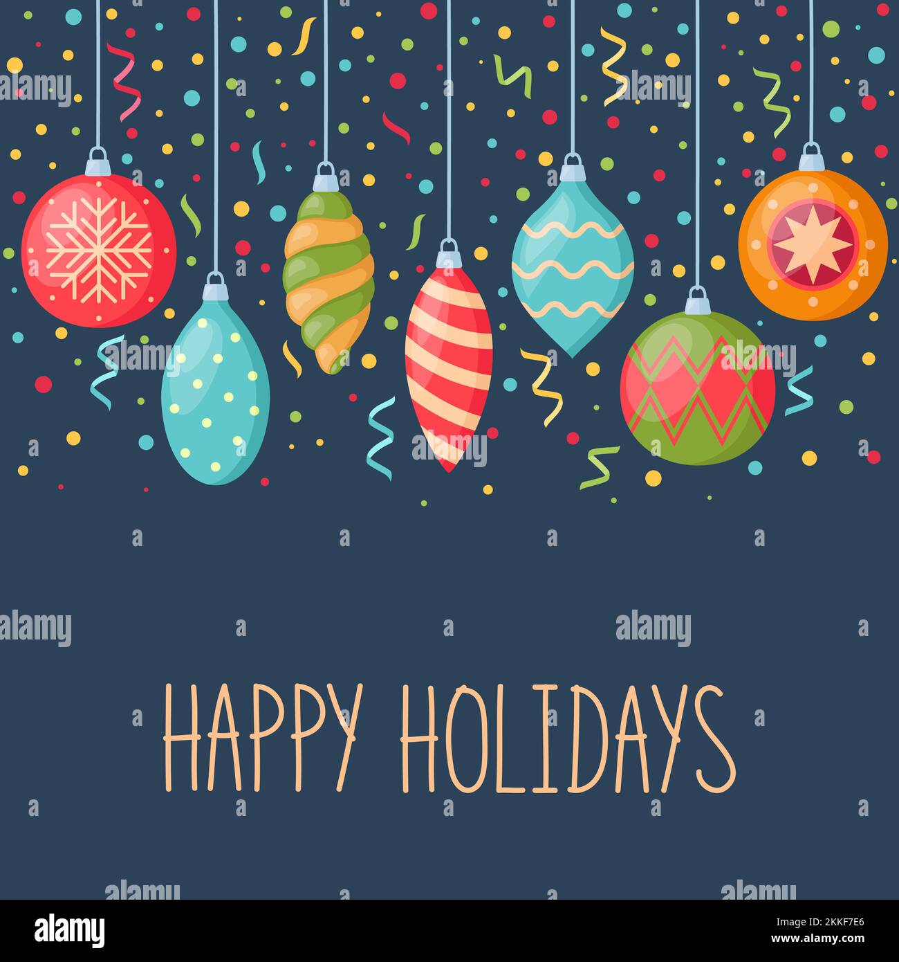 Christmas and New Year card with hanging decorations for christmas tree