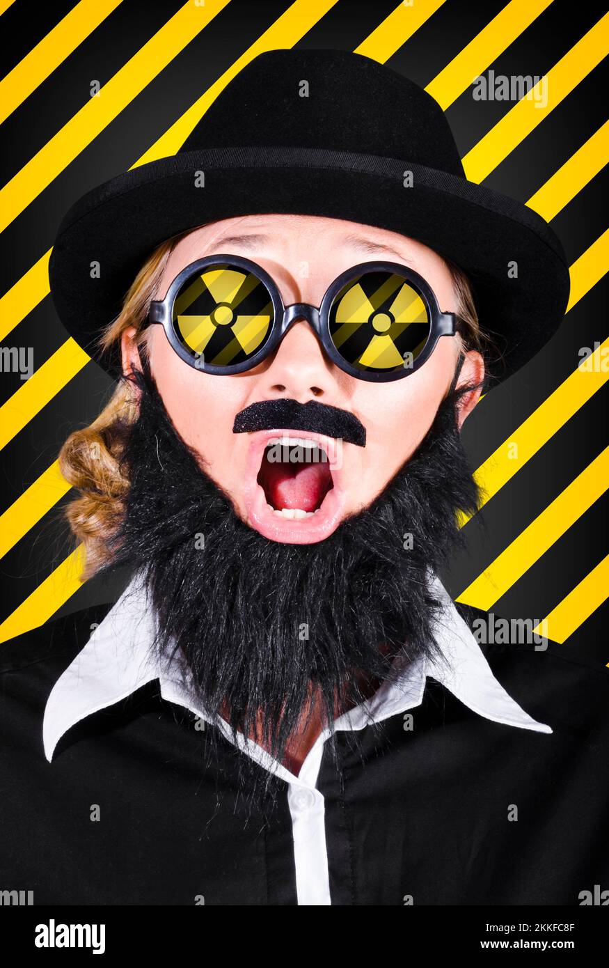 Science research geek wearing nuclear symbol on glasses expressing