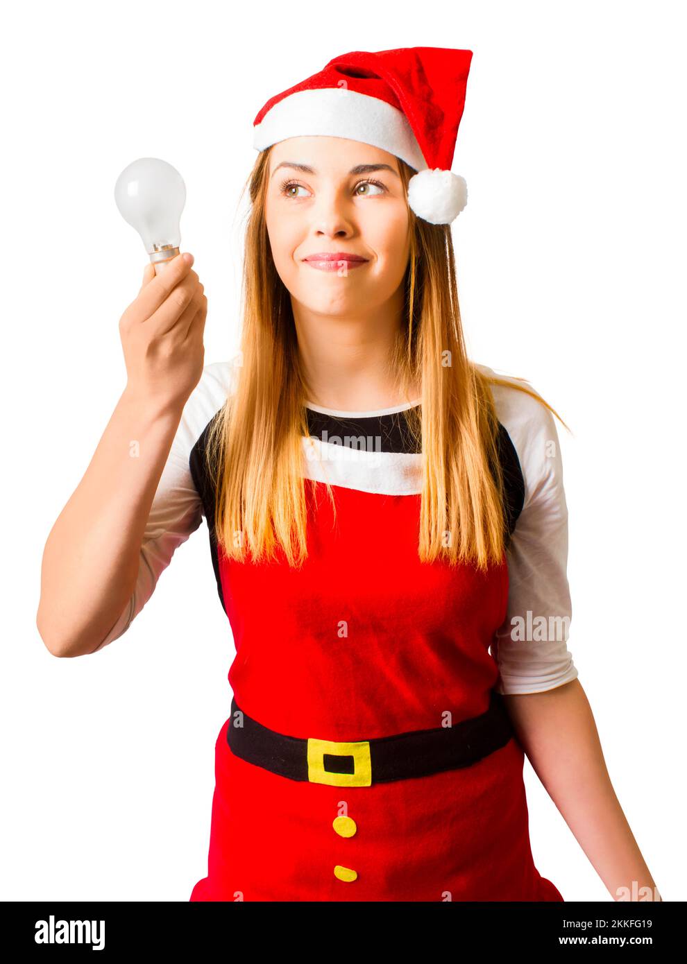 Isolated picture of a attractive girl in 20s holding lightbulb