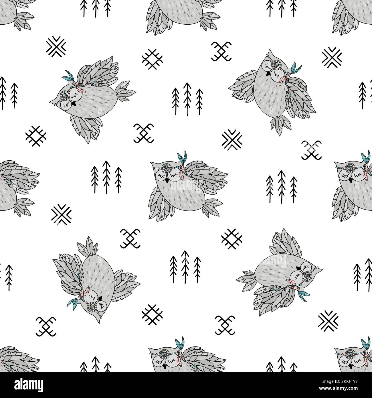 INDIANS OWL American Native Folk Ethnic Culture Seamless Pattern Vector