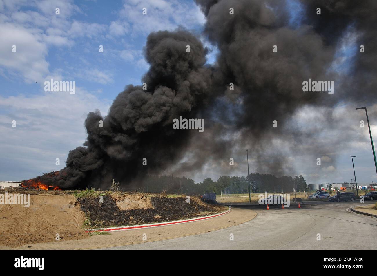 07-30-2015.Lessines,Belgium.Farmers protesting low milk and meat prices ,blocking traffic near the Colruyt distribution center Stock Photo