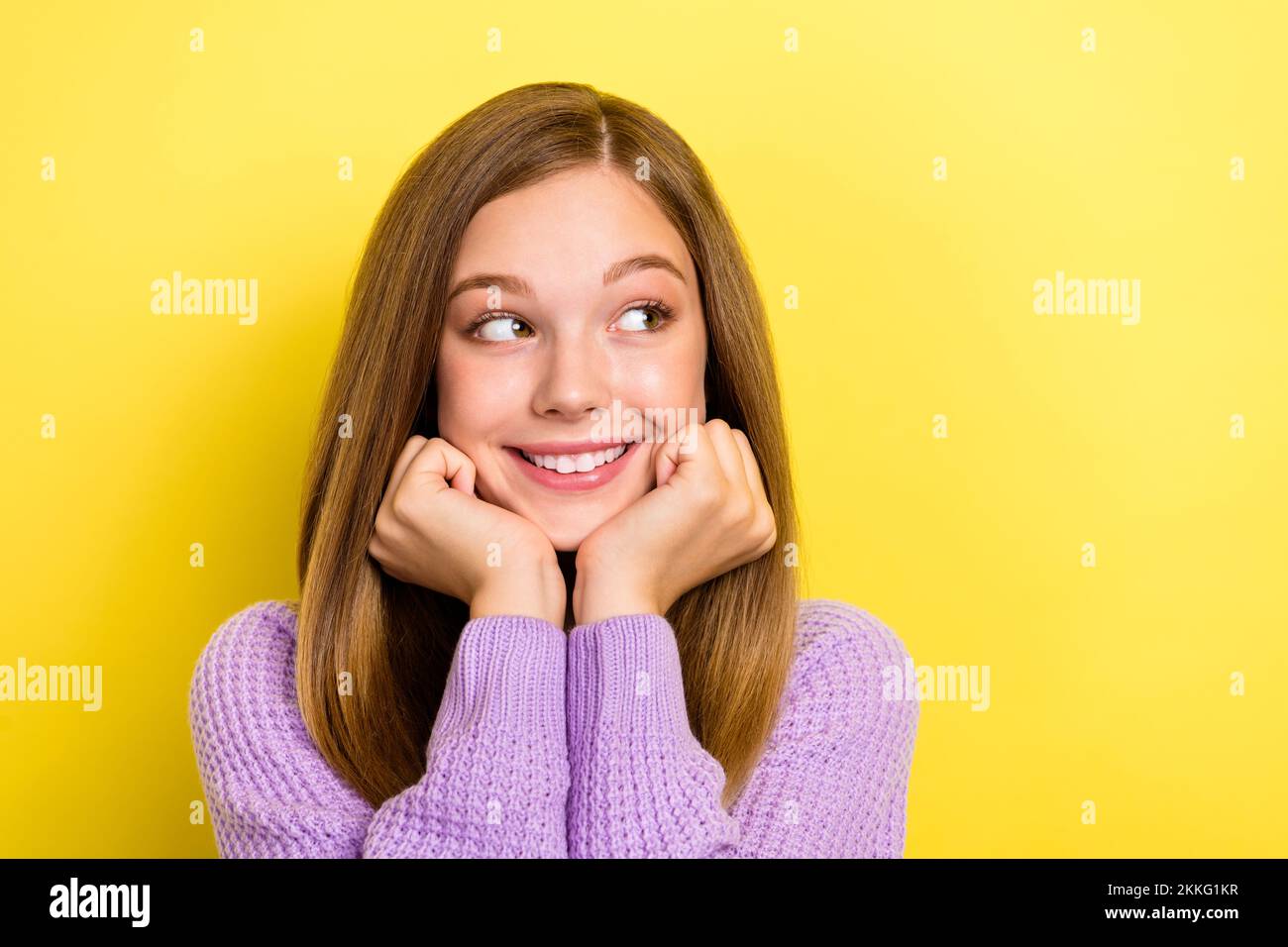 Portrait photo of young woman excited toothy beaming smiling touch ...