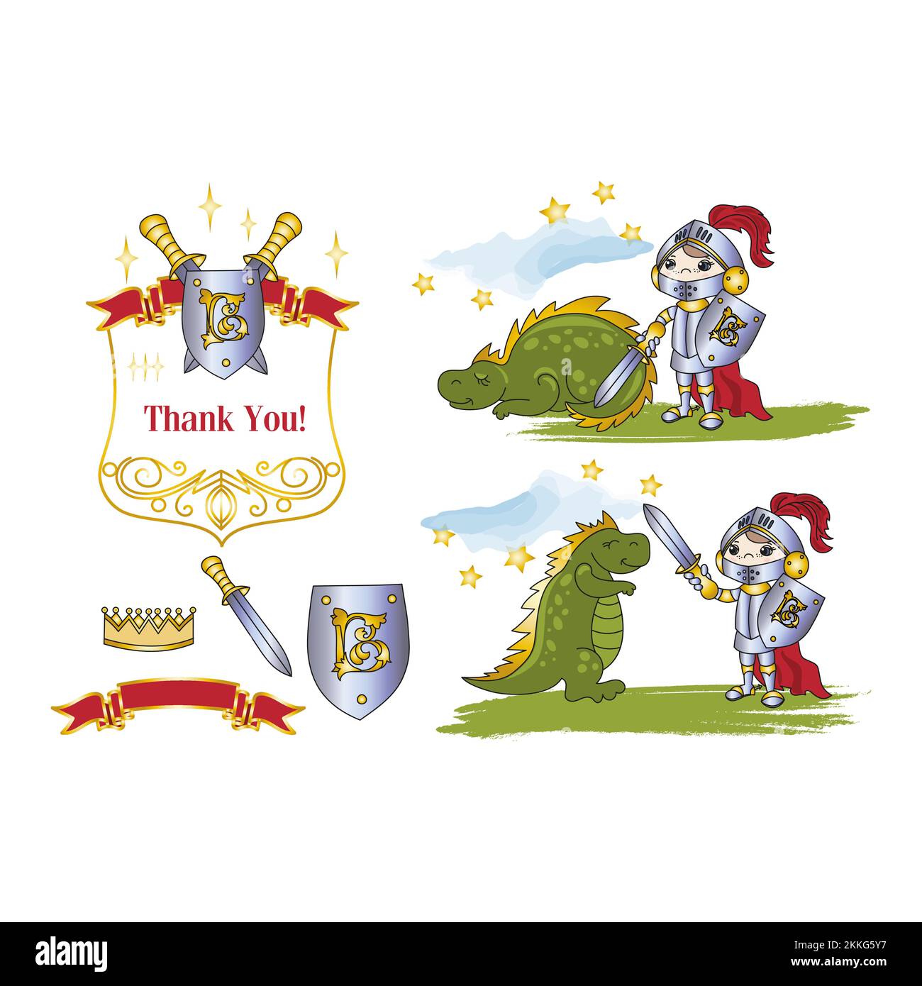 LITTLE KING AND DRAGON Fairy Tale Boy Cartoon Clip Art Vector