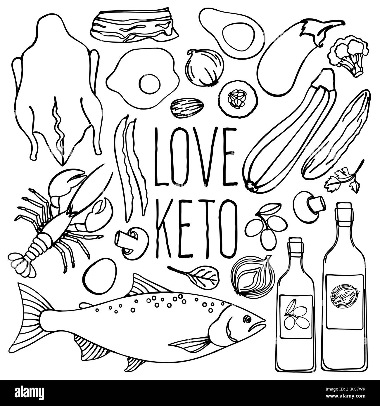 LOVE KETOGENIC Healthy Food Low Carb Diet Organic Proper Nutrition Monochrome Clip Art Vector Illustration Set For Print Stock Vector