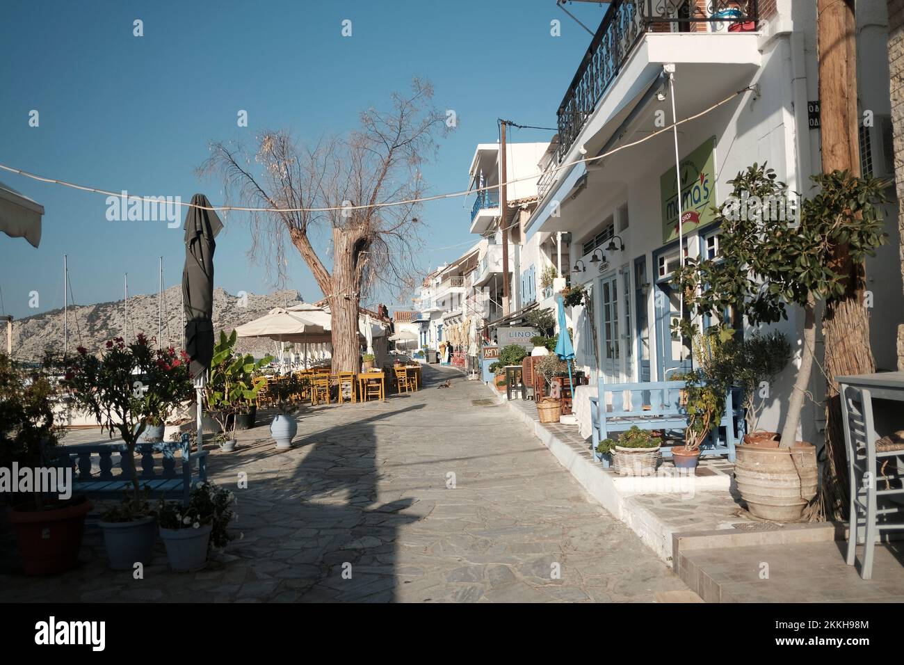 The small port of Perdika in Aegina, Greece. A common stop over port on sailing holidays in the Saronic Gulf. Stock Photo