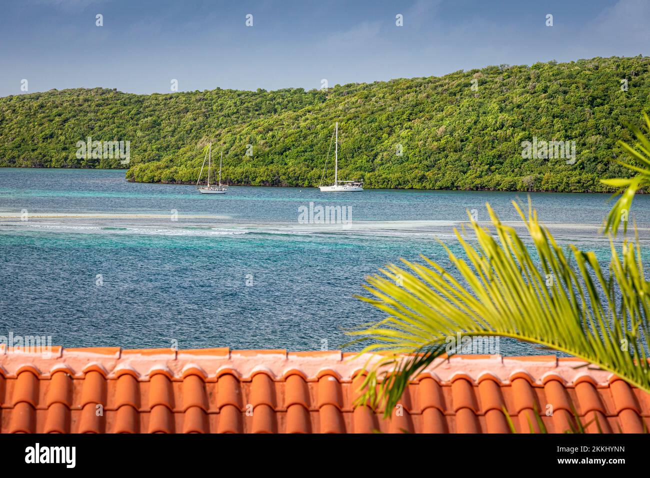 Boats dock in Mosquito Bayon the tropical Caribbean island of Culebra, Puerto Rico, USA. Stock Photo