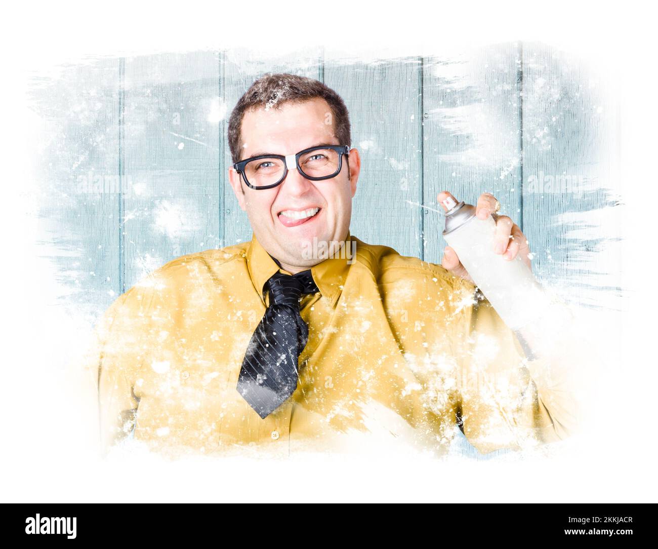 Clearance sales man spray painting shop front glass window with