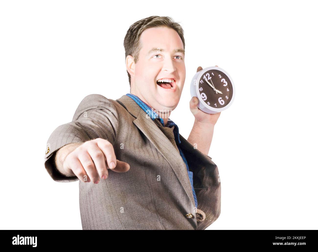 Man in work clothing throwing time out window when hurling clock onto