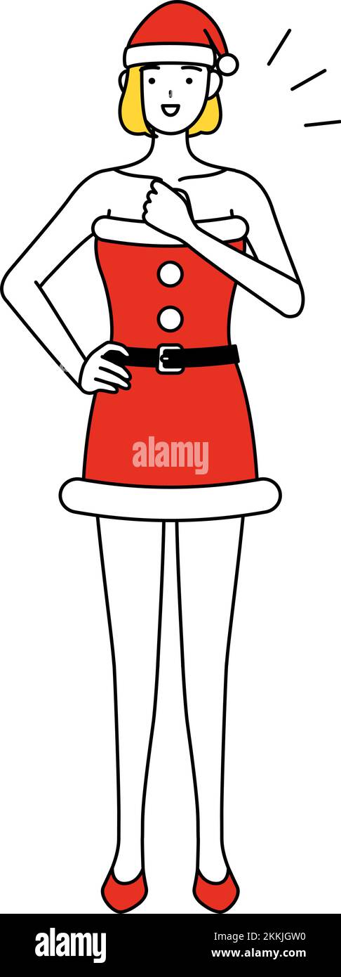 Simple line drawing illustration of a woman dressed as Santa Claus tapping her chest. Stock Vector