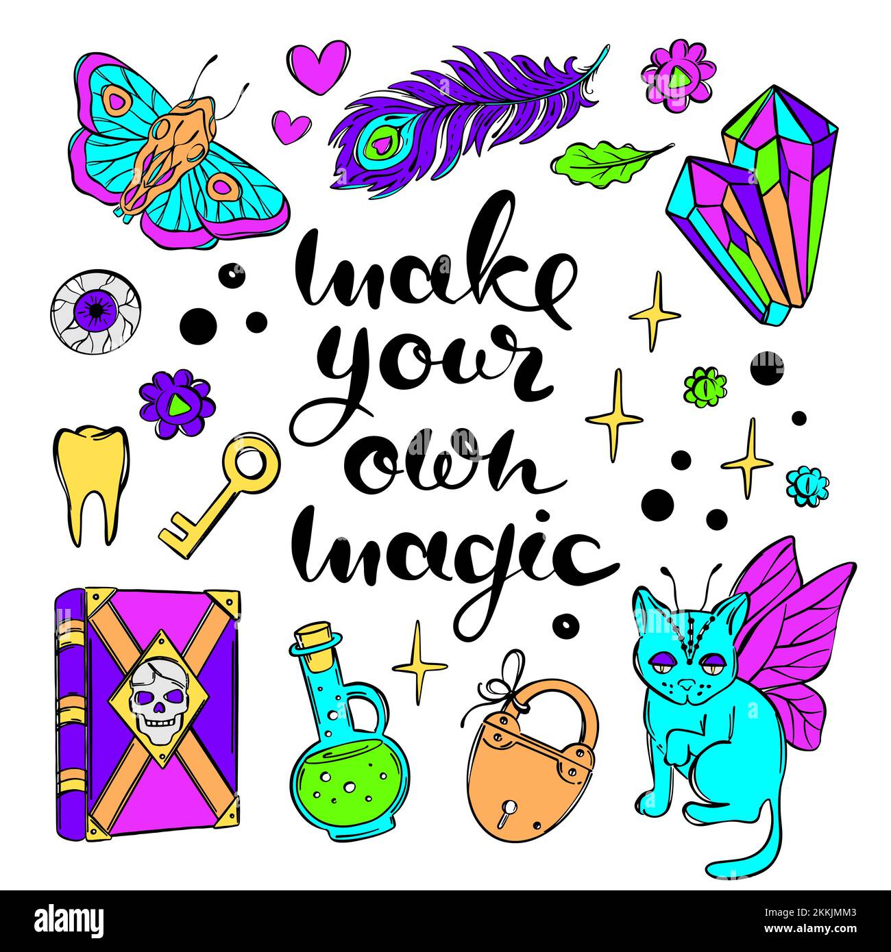 MAGIC LETTERING ILLUSTRATION COLOR Mystic Symbols Of Witchcraft Cartoon Holiday Halloween Colorful Sketch Hand Drawn Text Flat Design Vector Illustrat Stock Vector