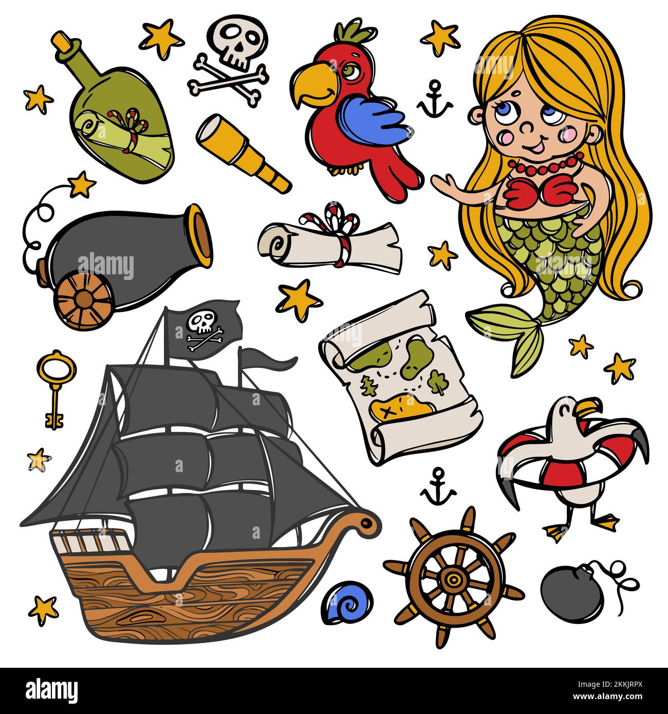 MERMAID AND PIRATE SHIP Sailboat With Black Sails And Other Sea Travel Attributes Hand Drawn Cartoon Objects Vector Illustration Set For Design And Pr Stock Vector