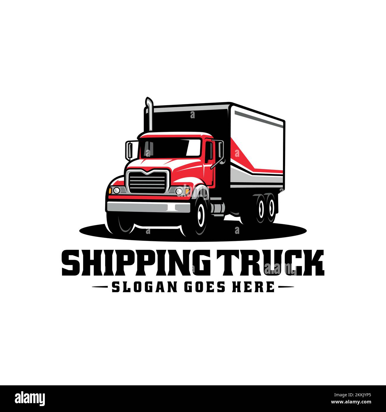 A vector design of a red shipping truck logo on with an editable text below Stock Vector