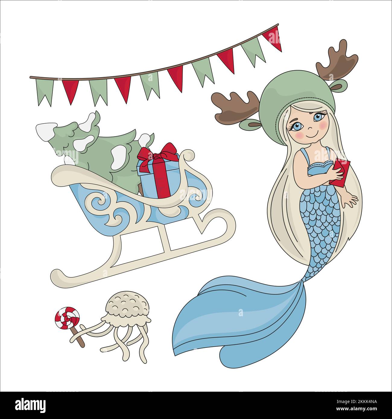 MERMAID SLED Sea Underwater Princess Girl Merry Christmas New Year Winter Clip Art Vector Illustration Set For Print Stock Vector