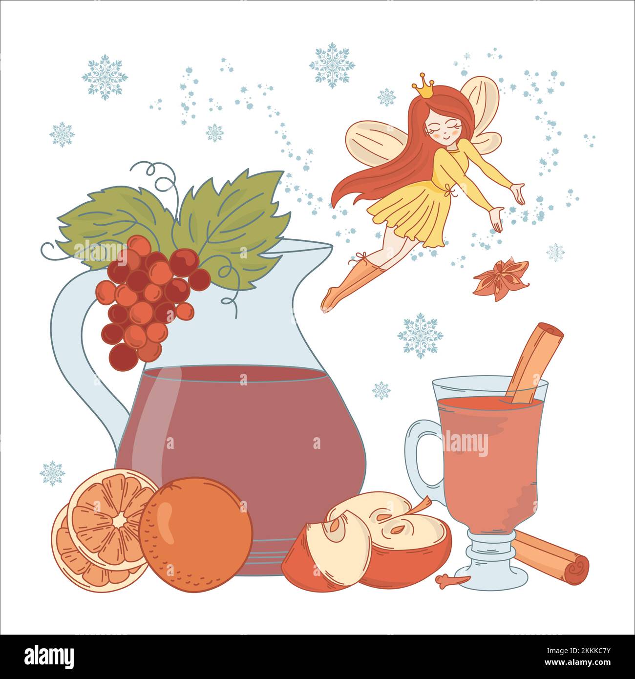 MULLED WINE FAIRY Princess Girl Merry Christmas New Year Dessert Clip Art Vector Illustration Set For Print Stock Vector