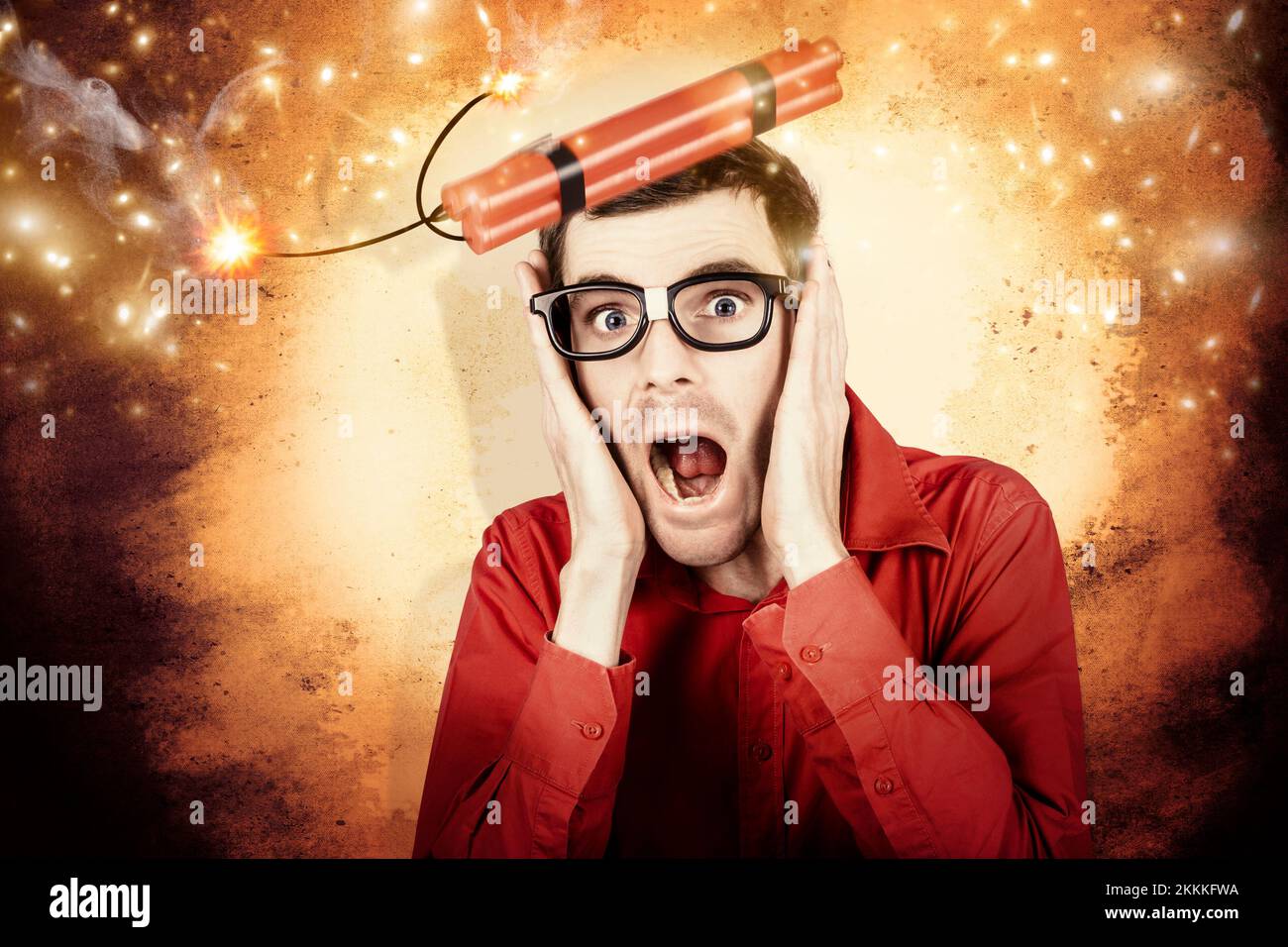 Comic portrait of a nerd businessman shouting out in fear from a stick