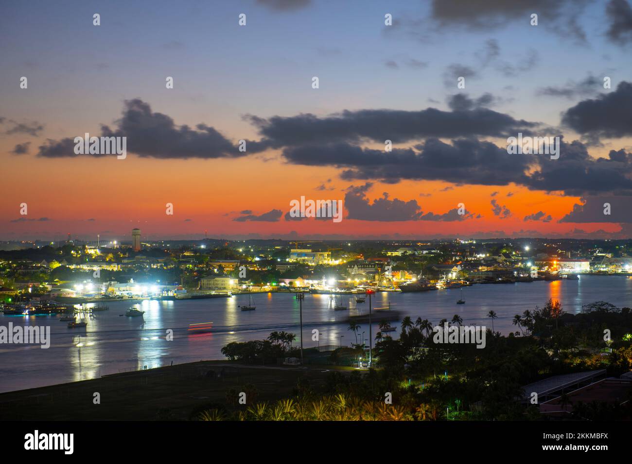 Nassau historic downtown and Nassau Port at sunset, Nassau, New