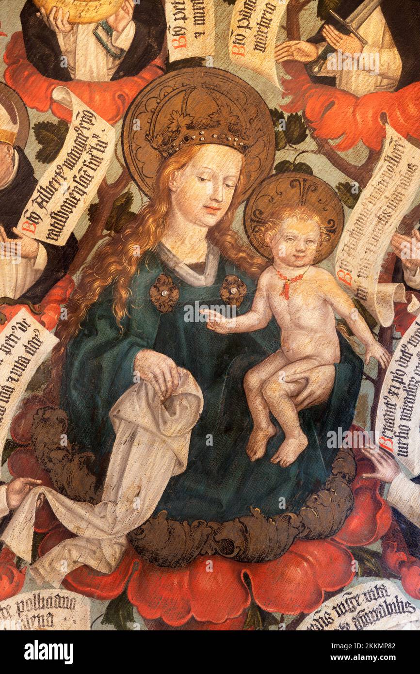 BERN, SWITZERLAND - JUNY 27, 2022: The detail of fresco of Madonna among the Dominican sanits in the church Franzosichche Kirche by anonym Nelkenmeist Stock Photo