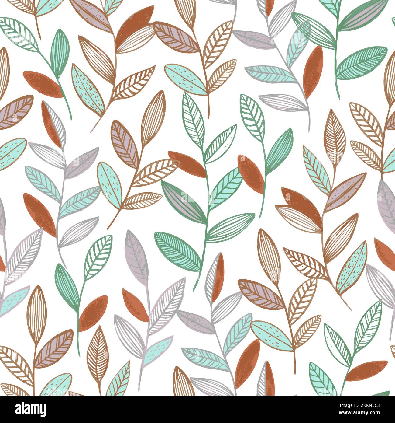 Seamless pattern with cute simple line branches with leaves. Minimalistic vector hand drawn illustration. Stock Vector