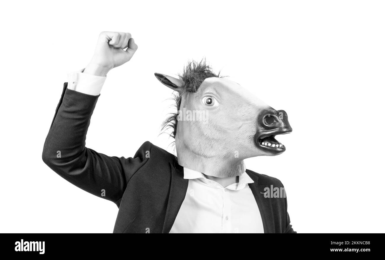 Hardworking professional. Hardworking man. Businessman in horse head and suit. Workhorse Stock Photo