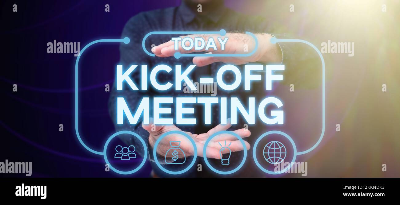 Hand writing sign Kick Off Meeting, Concept meaning first meeting with the  project team and the client Stock Photo - Alamy