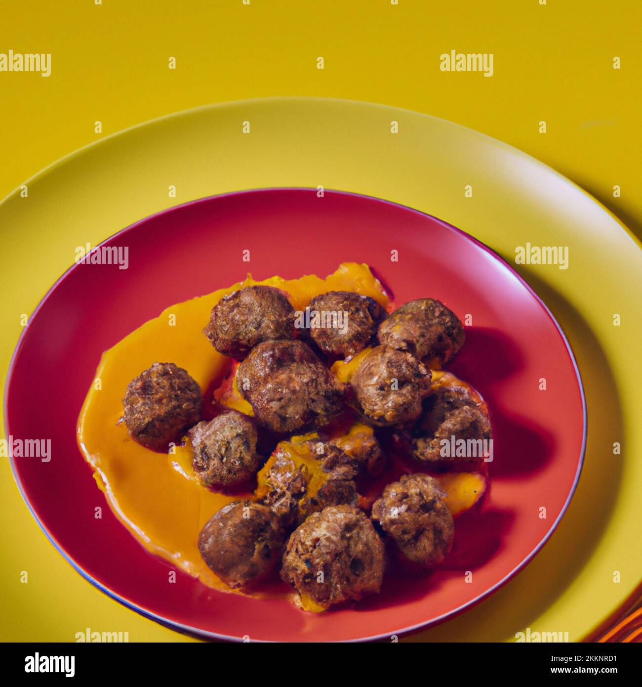 Food illustration of sweet and spicy meatballs on a red and yellow