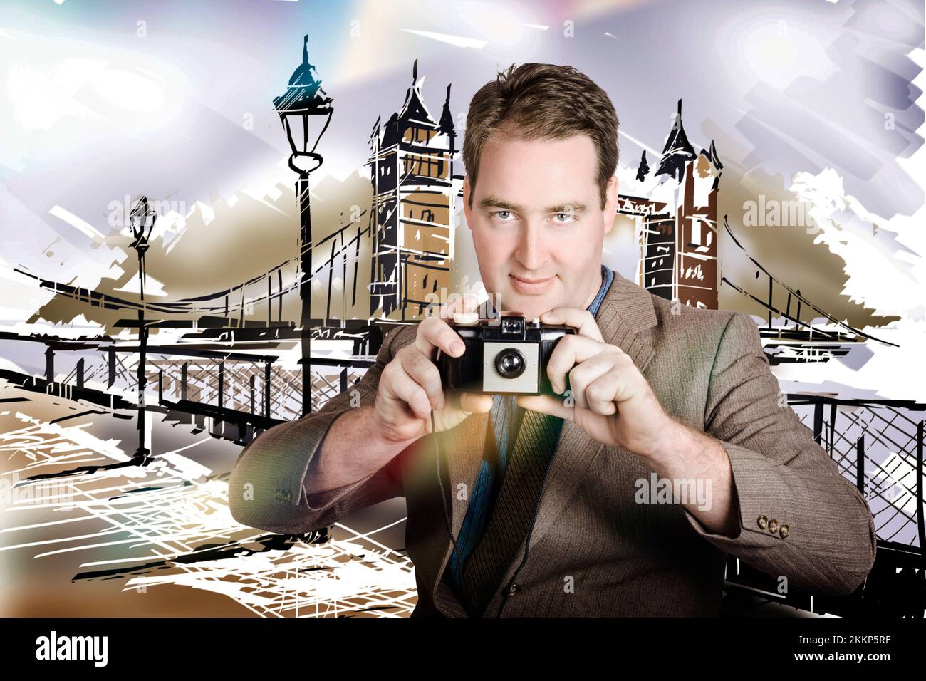 Photo illustration of a sightseeing person on vacation taking photograph with retro camera at London vacation destination Stock Photo