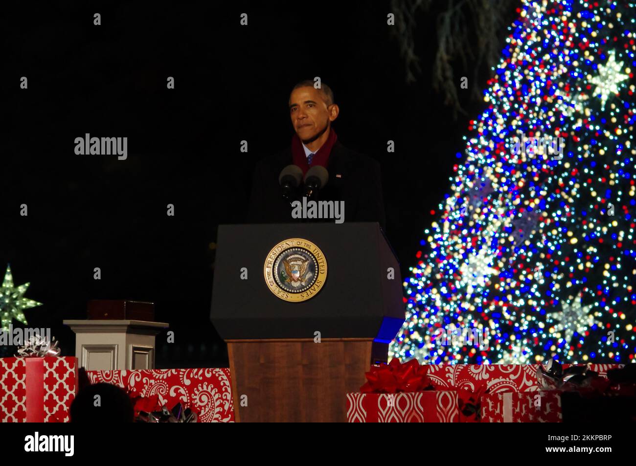 U.S. President Barack Obama speaks after lighting the National Christmas Tree on December 1, 2016. Stock Photo