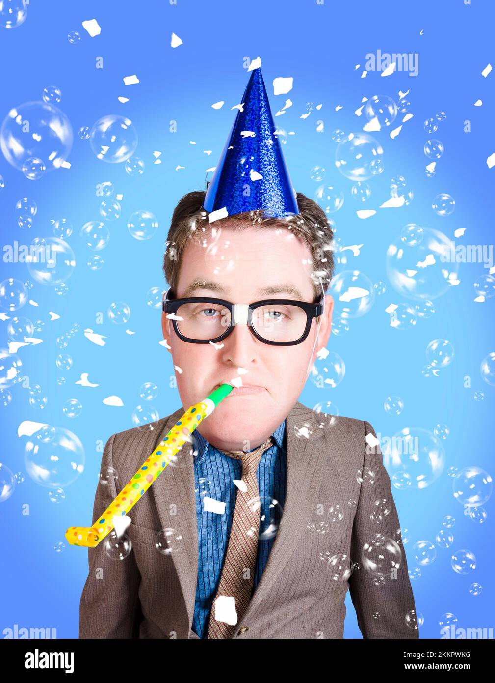 Comical dad in geek glasses celebrating fathers day in birthday party