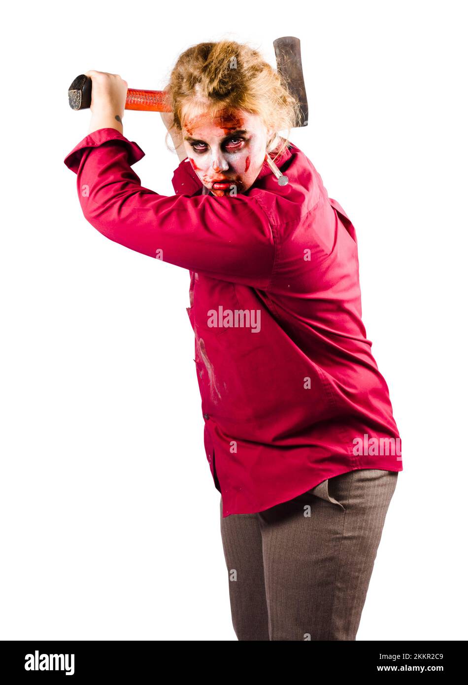 Evil Dead Woman With Zombie Make Up Swinging An Axe On White Background