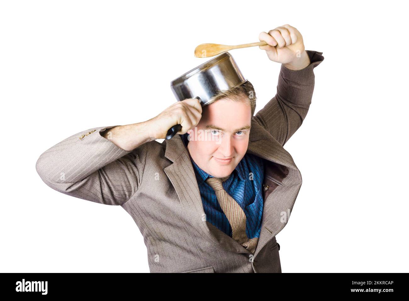 Funny Businessman Holding Saucepan Over Head Isolated On White