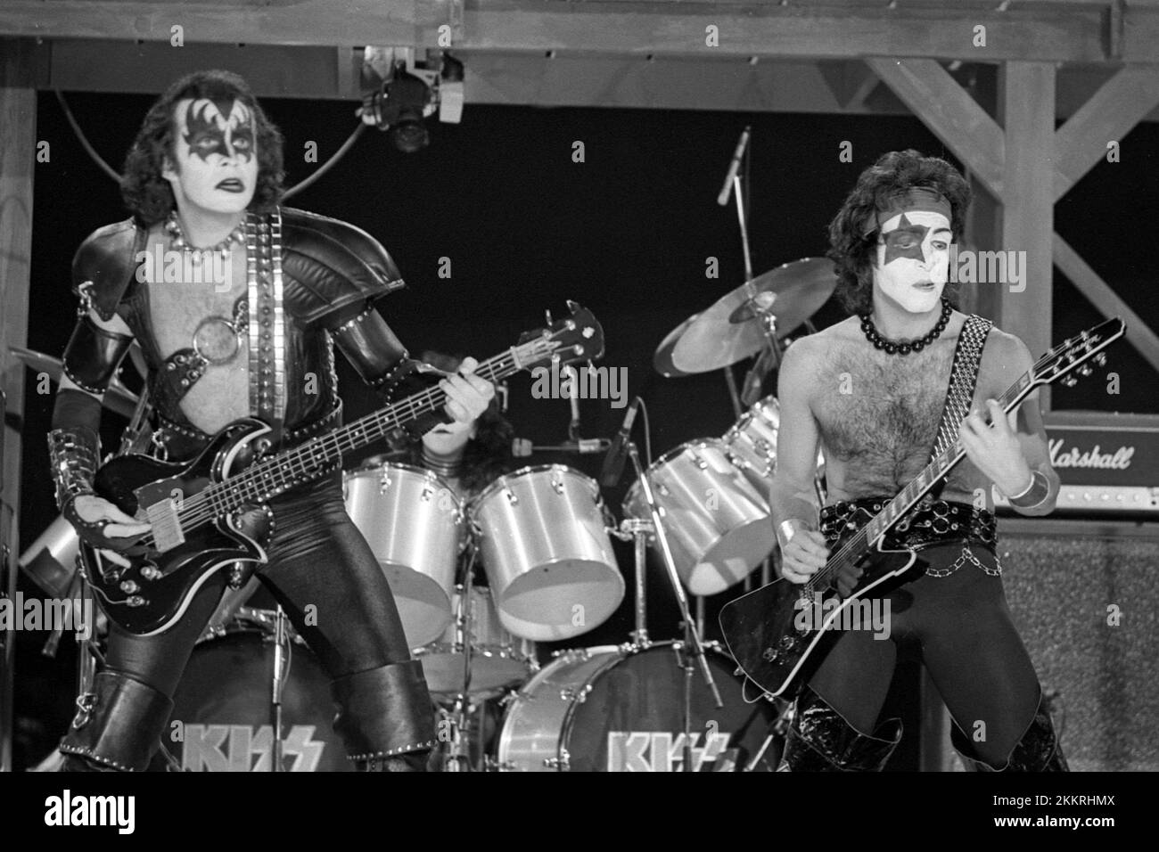 Gene Simmons and Paul Stanley of Kiss perform in concert during 'The Elder' Album in 1981 Credit