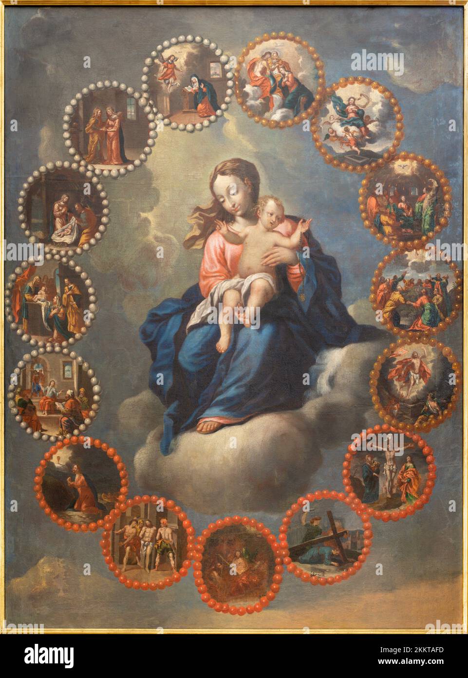 CHAMONIX, FRANCE - JULY 5, 2022: The painting of Madonna and mysteries of Rosary in th St. Michael church by unknown artist of 19. cent. Stock Photo