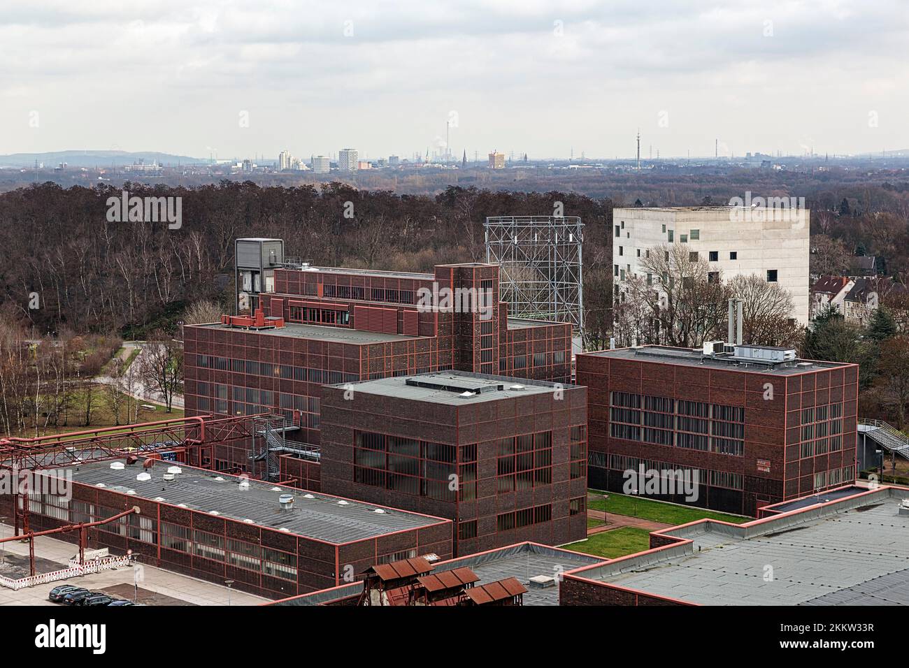 View from the viewing platform, Ruhr skyline on the horizon, Zollverein Coal Mine, former coal mine, industrial monument, dreary winter weather, Essen Stock Photo