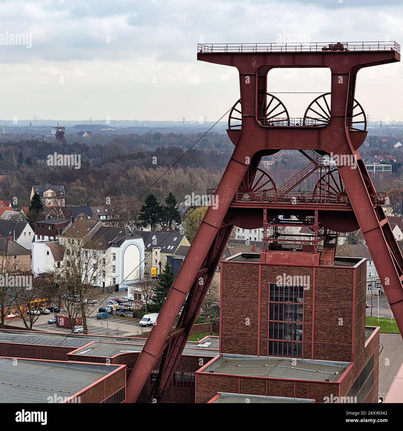 View of the winding tower from the viewing platform, Zeche Zollverein, former coal mine, industrial monument, dreary winter weather, Essen, Ruhr area, Stock Photo