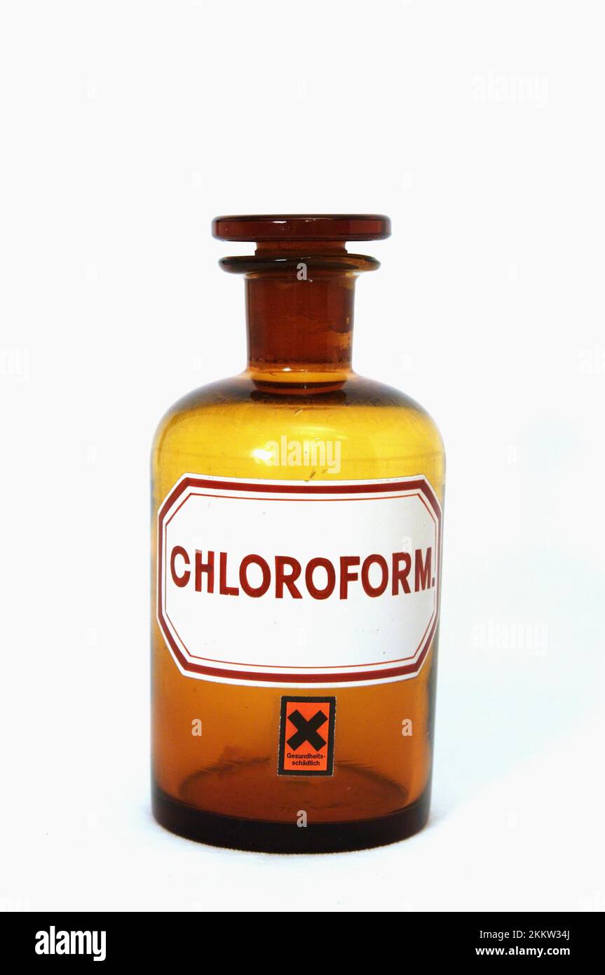 Glass vessel, chloroform, with labelling, label Stock Photo